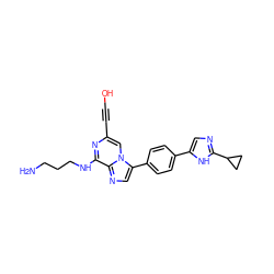 NCCCNc1nc(C#CO)cn2c(-c3ccc(-c4cnc(C5CC5)[nH]4)cc3)cnc12 ZINC001772637605