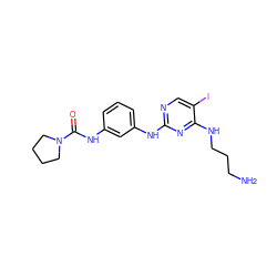 NCCCNc1nc(Nc2cccc(NC(=O)N3CCCC3)c2)ncc1I ZINC000263621370