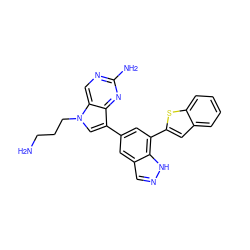 NCCCn1cc(-c2cc(-c3cc4ccccc4s3)c3[nH]ncc3c2)c2nc(N)ncc21 ZINC000045338837