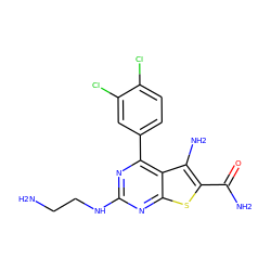 NCCNc1nc(-c2ccc(Cl)c(Cl)c2)c2c(N)c(C(N)=O)sc2n1 ZINC000073387143