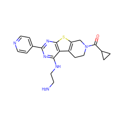 NCCNc1nc(-c2ccncc2)nc2sc3c(c12)CCN(C(=O)C1CC1)C3 ZINC000223689391