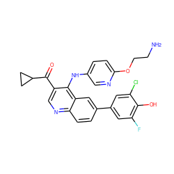 NCCOc1ccc(Nc2c(C(=O)C3CC3)cnc3ccc(-c4cc(F)c(O)c(Cl)c4)cc23)cn1 ZINC000114040095