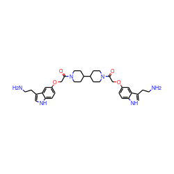 NCCc1c[nH]c2ccc(OCC(=O)N3CCC(C4CCN(C(=O)COc5ccc6[nH]cc(CCN)c6c5)CC4)CC3)cc12 ZINC000027551612