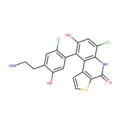 NCCc1cc(Cl)c(-c2c(O)cc(Cl)c3[nH]c(=O)c4sccc4c23)cc1O ZINC000221748912