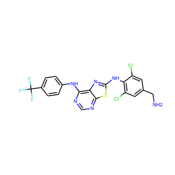 NCc1cc(Cl)c(Nc2nc3c(Nc4ccc(C(F)(F)F)cc4)ncnc3s2)c(Cl)c1 ZINC000040395112