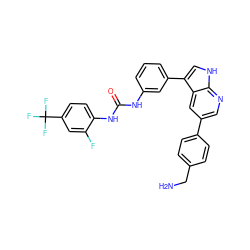 NCc1ccc(-c2cnc3[nH]cc(-c4cccc(NC(=O)Nc5ccc(C(F)(F)F)cc5F)c4)c3c2)cc1 ZINC000043063728