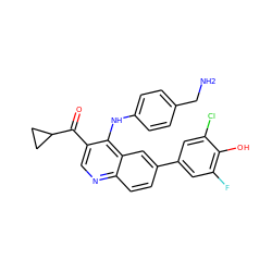 NCc1ccc(Nc2c(C(=O)C3CC3)cnc3ccc(-c4cc(F)c(O)c(Cl)c4)cc23)cc1 ZINC000114033437