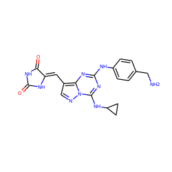 NCc1ccc(Nc2nc(NC3CC3)n3ncc(/C=C4\NC(=O)NC4=O)c3n2)cc1 ZINC000205031686