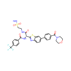 NS(=O)(=O)CCNC(=O)[C@@H](NC(=O)c1ccc(C(F)(F)F)cc1)c1nc2ccc(-c3ccc(C(=O)N4CCOCC4)cc3)cc2s1 ZINC000222073215