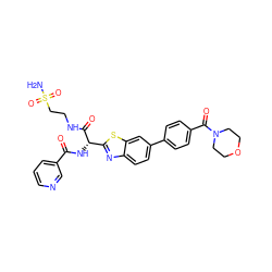 NS(=O)(=O)CCNC(=O)[C@@H](NC(=O)c1cccnc1)c1nc2ccc(-c3ccc(C(=O)N4CCOCC4)cc3)cc2s1 ZINC000144281345