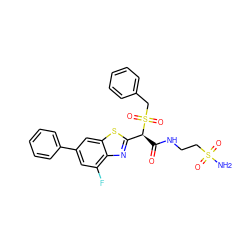 NS(=O)(=O)CCNC(=O)[C@@H](c1nc2c(F)cc(-c3ccccc3)cc2s1)S(=O)(=O)Cc1ccccc1 ZINC000144259944