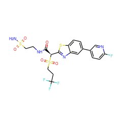 NS(=O)(=O)CCNC(=O)[C@@H](c1nc2cc(-c3ccc(F)nc3)ccc2s1)S(=O)(=O)CCC(F)(F)F ZINC000144027768