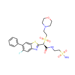 NS(=O)(=O)CCNC(=O)[C@@H](c1nc2cc(F)c(-c3ccccc3)cc2s1)S(=O)(=O)CCN1CCOCC1 ZINC000144577374