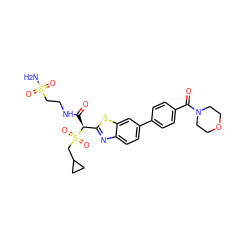 NS(=O)(=O)CCNC(=O)[C@@H](c1nc2ccc(-c3ccc(C(=O)N4CCOCC4)cc3)cc2s1)S(=O)(=O)CC1CC1 ZINC000143959786