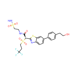 NS(=O)(=O)CCNC(=O)[C@@H](c1nc2ccc(-c3ccc(CCO)cc3)cc2s1)S(=O)(=O)CCC(F)(F)F ZINC000146082823