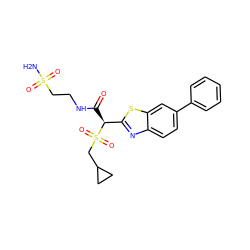 NS(=O)(=O)CCNC(=O)[C@@H](c1nc2ccc(-c3ccccc3)cc2s1)S(=O)(=O)CC1CC1 ZINC000144620036