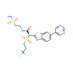 NS(=O)(=O)CCNC(=O)[C@@H](c1nc2ccc(-c3cncnc3)cc2s1)S(=O)(=O)CCC(F)(F)F ZINC000145479234