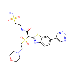 NS(=O)(=O)CCNC(=O)[C@@H](c1nc2ccc(-c3cncnc3)cc2s1)S(=O)(=O)CCN1CCOCC1 ZINC000144095370