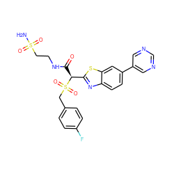 NS(=O)(=O)CCNC(=O)[C@@H](c1nc2ccc(-c3cncnc3)cc2s1)S(=O)(=O)Cc1ccc(F)cc1 ZINC000144883463