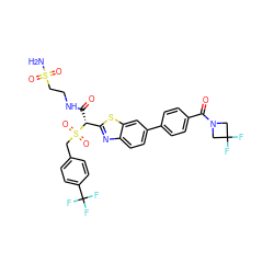 NS(=O)(=O)CCNC(=O)[C@H](c1nc2ccc(-c3ccc(C(=O)N4CC(F)(F)C4)cc3)cc2s1)S(=O)(=O)Cc1ccc(C(F)(F)F)cc1 ZINC000222082832