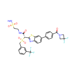 NS(=O)(=O)CCNC(=O)[C@H](c1nc2ccc(-c3ccc(C(=O)N4CC(F)(F)C4)cc3)cc2s1)S(=O)(=O)Cc1cccc(C(F)(F)F)c1 ZINC000222083099