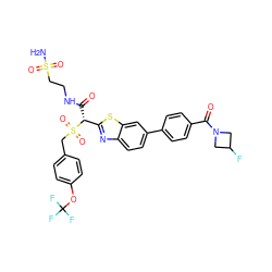 NS(=O)(=O)CCNC(=O)[C@H](c1nc2ccc(-c3ccc(C(=O)N4CC(F)C4)cc3)cc2s1)S(=O)(=O)Cc1ccc(OC(F)(F)F)cc1 ZINC000222082692