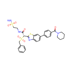 NS(=O)(=O)CCNC(=O)[C@H](c1nc2ccc(-c3ccc(C(=O)N4CCCCC4)cc3)cc2s1)S(=O)(=O)Cc1ccccc1 ZINC000221943142