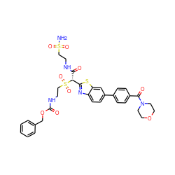 NS(=O)(=O)CCNC(=O)[C@H](c1nc2ccc(-c3ccc(C(=O)N4CCOCC4)cc3)cc2s1)S(=O)(=O)CCNC(=O)OCc1ccccc1 ZINC000222119642