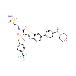 NS(=O)(=O)CCNC(=O)[C@H](c1nc2ccc(-c3ccc(C(=O)N4CCOCC4)cc3)cc2s1)S(=O)(=O)Cc1ccc(C(F)(F)F)cc1 ZINC000222078424