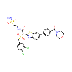 NS(=O)(=O)CCNC(=O)[C@H](c1nc2ccc(-c3ccc(C(=O)N4CCOCC4)cc3)cc2s1)S(=O)(=O)Cc1ccc(Cl)c(Cl)c1 ZINC000222078846