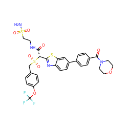 NS(=O)(=O)CCNC(=O)[C@H](c1nc2ccc(-c3ccc(C(=O)N4CCOCC4)cc3)cc2s1)S(=O)(=O)Cc1ccc(OC(F)(F)F)cc1 ZINC000222078561