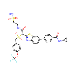 NS(=O)(=O)CCNC(=O)[C@H](c1nc2ccc(-c3ccc(C(=O)NC4CC4)cc3)cc2s1)S(=O)(=O)Cc1ccc(OC(F)(F)F)cc1 ZINC000222076800