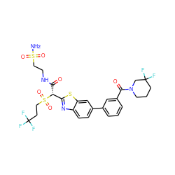 NS(=O)(=O)CCNC(=O)[C@H](c1nc2ccc(-c3cccc(C(=O)N4CCCC(F)(F)C4)c3)cc2s1)S(=O)(=O)CCC(F)(F)F ZINC000221951996