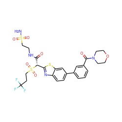 NS(=O)(=O)CCNC(=O)[C@H](c1nc2ccc(-c3cccc(C(=O)N4CCOCC4)c3)cc2s1)S(=O)(=O)CCC(F)(F)F ZINC000221945613