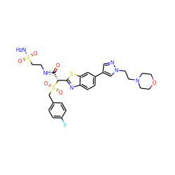 NS(=O)(=O)CCNC(=O)[C@H](c1nc2ccc(-c3cnn(CCN4CCOCC4)c3)cc2s1)S(=O)(=O)Cc1ccc(F)cc1 ZINC000221989565