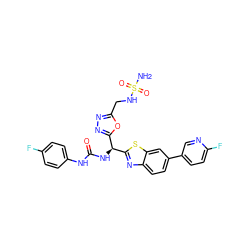 NS(=O)(=O)NCc1nnc([C@H](NC(=O)Nc2ccc(F)cc2)c2nc3ccc(-c4ccc(F)nc4)cc3s2)o1 ZINC000206761423