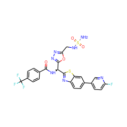 NS(=O)(=O)NCc1nnc([C@H](NC(=O)c2ccc(C(F)(F)F)cc2)c2nc3ccc(-c4ccc(F)nc4)cc3s2)o1 ZINC000206749232