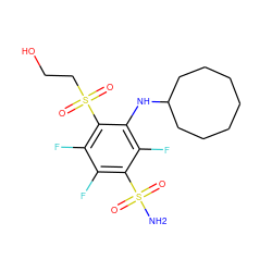 NS(=O)(=O)c1c(F)c(F)c(S(=O)(=O)CCO)c(NC2CCCCCCC2)c1F ZINC000208946432