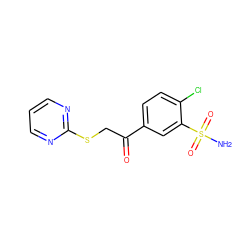 NS(=O)(=O)c1cc(C(=O)CSc2ncccn2)ccc1Cl ZINC000084602084