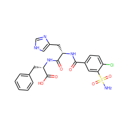 NS(=O)(=O)c1cc(C(=O)N[C@@H](Cc2c[nH]cn2)C(=O)N[C@@H](Cc2ccccc2)C(=O)O)ccc1Cl ZINC000029474371