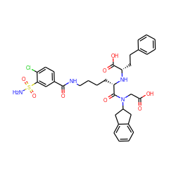 NS(=O)(=O)c1cc(C(=O)NCCCC[C@H](N[C@@H](CCc2ccccc2)C(=O)O)C(=O)N(CC(=O)O)C2Cc3ccccc3C2)ccc1Cl ZINC000029342280