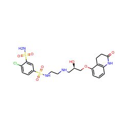 NS(=O)(=O)c1cc(S(=O)(=O)NCCNC[C@@H](O)COc2cccc3c2CCC(=O)N3)ccc1Cl ZINC000029339991