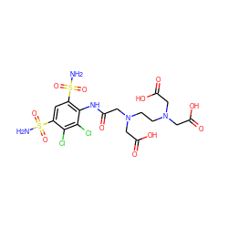 NS(=O)(=O)c1cc(S(N)(=O)=O)c(NC(=O)CN(CCN(CC(=O)O)CC(=O)O)CC(=O)O)c(Cl)c1Cl ZINC000029241263