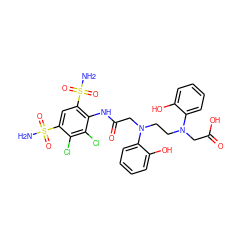 NS(=O)(=O)c1cc(S(N)(=O)=O)c(NC(=O)CN(CCN(CC(=O)O)c2ccccc2O)c2ccccc2O)c(Cl)c1Cl ZINC000029230516