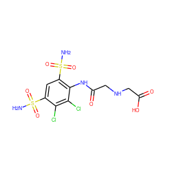 NS(=O)(=O)c1cc(S(N)(=O)=O)c(NC(=O)CNCC(=O)O)c(Cl)c1Cl ZINC000013472889