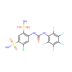 NS(=O)(=O)c1cc(S(N)(=O)=O)c(NC(=O)Nc2c(F)c(F)c(F)c(F)c2F)cc1Cl ZINC000013561074