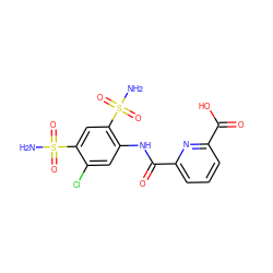 NS(=O)(=O)c1cc(S(N)(=O)=O)c(NC(=O)c2cccc(C(=O)O)n2)cc1Cl ZINC000013799131