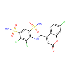 NS(=O)(=O)c1cc(S(N)(=O)=O)c(NCc2cc(=O)oc3cc(Cl)ccc23)c(Cl)c1Cl ZINC000027739789