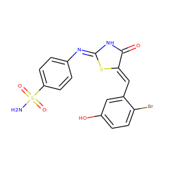 NS(=O)(=O)c1ccc(/N=C2/NC(=O)/C(=C/c3cc(O)ccc3Br)S2)cc1 ZINC000017150141