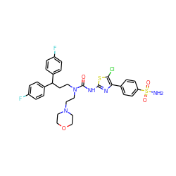 NS(=O)(=O)c1ccc(-c2nc(NC(=O)N(CCC(c3ccc(F)cc3)c3ccc(F)cc3)CCN3CCOCC3)sc2Cl)cc1 ZINC000150599792